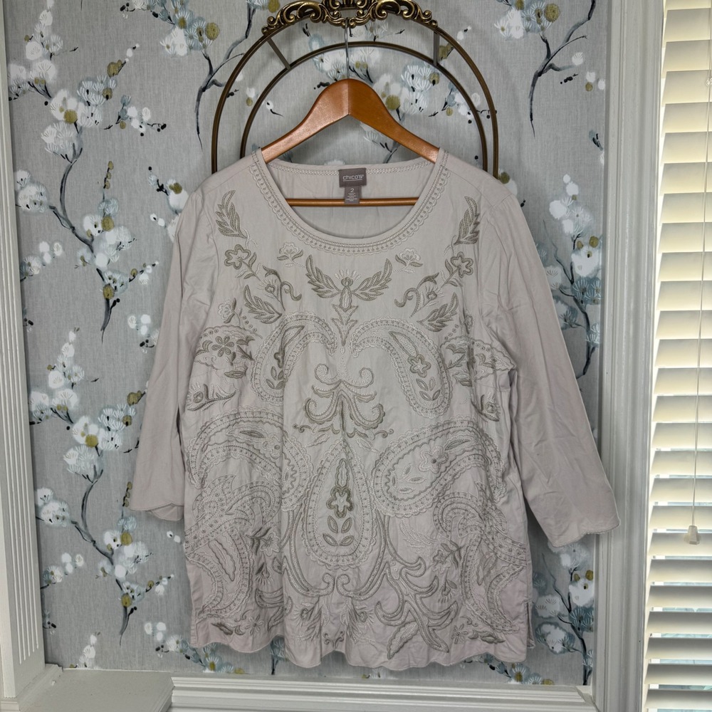Chicos Beige Cotton Paisley Embroidered 3/4 Sleeve Top Size 2 L Large